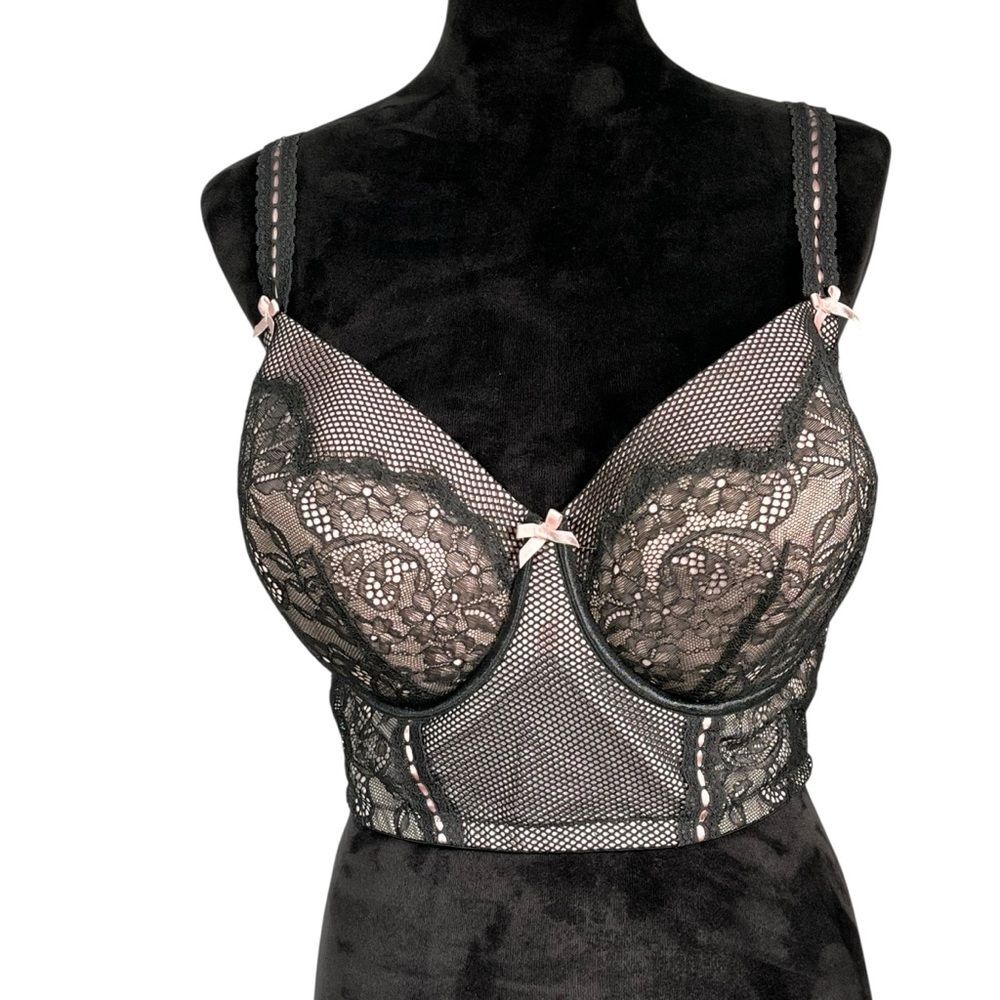 Cacique Black Lace Underwire Bra Mesh Balconette Intimate Wear 44DD